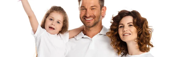 Horizontal crop of family looking at camera isolated on white — Stock Photo