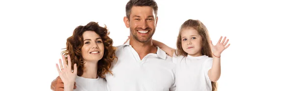 Горизонтальне зображення щасливої матері і дочки, що махає руками біля веселого батька ізольовано на білому — стокове фото