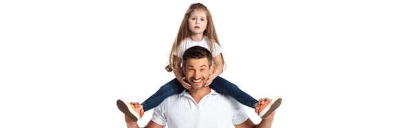 Panoramic crop of cute kid sitting on shoulders of cheerful father isolated on white — Stock Photo