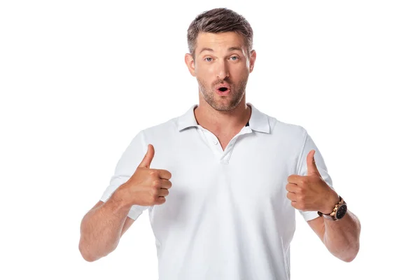 Surprised man showing thumbs up isolated on white — Stock Photo