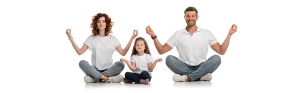 Horizontal crop of happy family sitting in yoga pose on white — Stock Photo