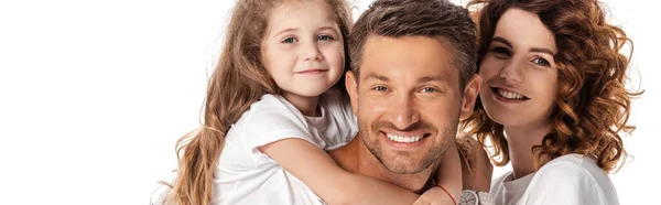 Panoramische Konzept der fröhlichen Familie lächelt isoliert auf weiß — Stockfoto