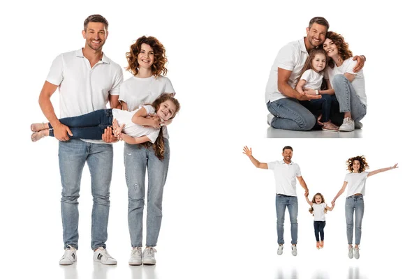Collage de la famille joyeuse tenant la main et étreignant sur blanc — Photo de stock