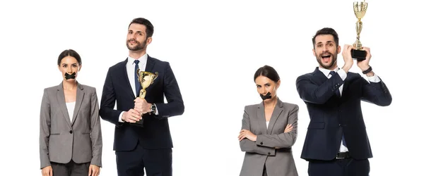 Collage d'homme d'affaires heureux tenant trophée près d'une femme d'affaires avec du ruban adhésif sur la bouche isolé sur blanc, concept d'inégalité des sexes — Photo de stock
