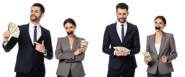 Колаж бізнесмена, вказуючи пальцем на долари поблизу бізнес-леді зі стрічкою в рот ізольовано на білому, концепція сексизму — стокове фото
