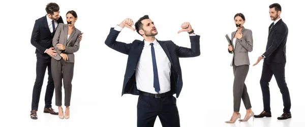 Collage of businessman in formal wear molesting businesswoman with duct tape on mouth and pointing with thumbs at himself isolated on white — Stock Photo