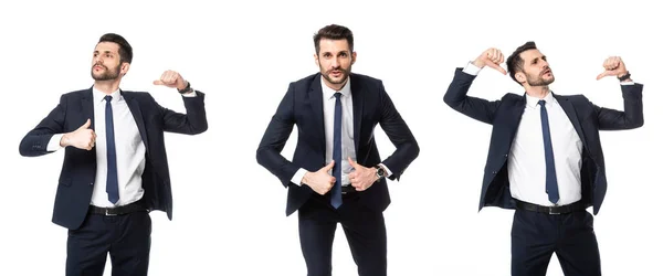 Collage of arrogant businessman pointing with thumbs at himself isolated on white, sexism concept — Stock Photo