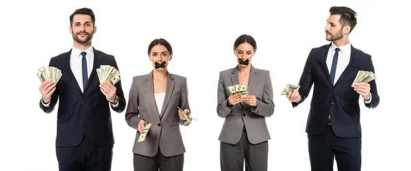 Колаж бізнесмена, що тримає доларові банкноти поблизу бізнес-леді з стрічкою каналу на роті ізольовані на білому, концепція сексизму — стокове фото