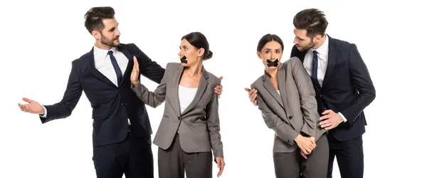 Collage of businesswoman with scotch tape on mouth showing stop sign to businessman isolated on white — Stock Photo