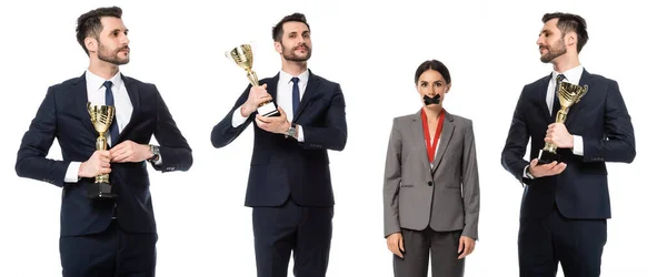 Collage de empresario feliz sosteniendo trofeo de oro cerca de la mujer de negocios con cinta adhesiva en la boca aislado en blanco - foto de stock