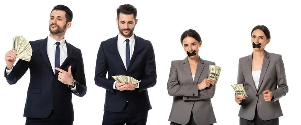 Collage of businessman in suit pointing with finger at money near businesswoman with scotch tape on mouth isolated on white — Stock Photo