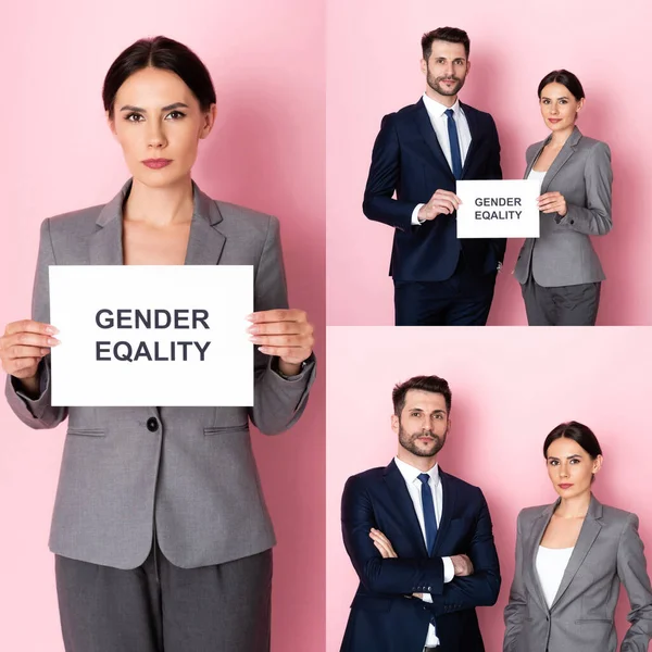 Collage of businessman and businesswoman holding placard with gender equality lettering on pink — Stock Photo