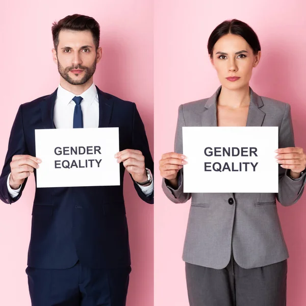 Colagem de empresário e empresária segurando cartazes com letras igualdade de gênero em rosa — Fotografia de Stock
