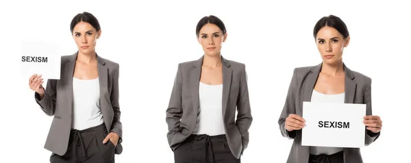 Colagem de empresária em terno segurando cartaz com sexismo lettering enquanto de pé com as mãos em bolsos isolados em branco — Fotografia de Stock