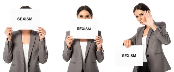 Colagem de empresária segurando cartaz com sexismo lettering enquanto mostrando gesto stop isolado no branco — Fotografia de Stock