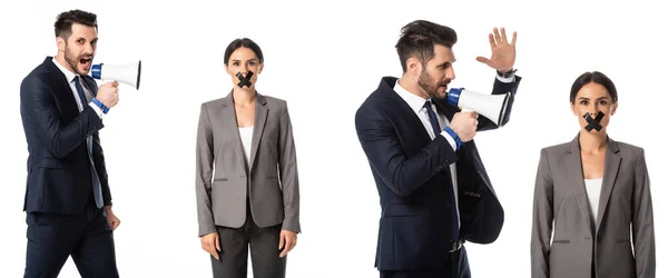 Collage de hombre de negocios gritando en megáfono cerca de mujer de negocios con cinta adhesiva en la boca aislado en blanco - foto de stock