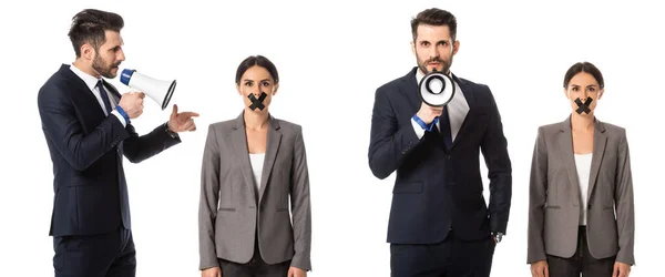 Colagem de empresário barbudo em terno gritando em megafone perto de empresária com fita adesiva na boca isolada em branco — Fotografia de Stock