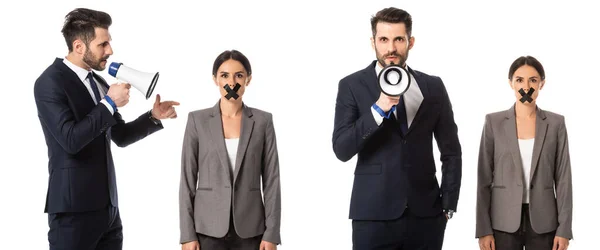 Collage of bearded businessman in suit screaming in megaphone near businesswoman with scotch tape on mouth isolated on white — Stock Photo