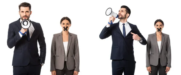 Collage de hombre de negocios barbudo señalando con el dedo mientras grita en megáfono cerca de mujer de negocios con cinta adhesiva en la boca aislada en blanco - foto de stock