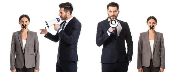 Collage de hombre de negocios en traje apuntando con el dedo a la mujer de negocios con cinta adhesiva en la boca mientras grita en megáfono aislado en blanco - foto de stock