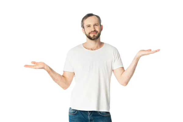 Smiling man showing shrug gesture isolated on white — Stock Photo