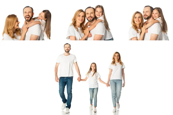 Collage of happy casual family hugging, holding hands while walking isolated on white — Stock Photo