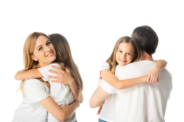 Collage de hija abrazando madre y padre aislado en blanco - foto de stock