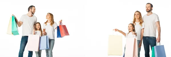 Collage einer fröhlichen Familie mit bunten Einkaufstaschen auf weißem Grund — Stockfoto