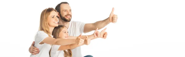 Glückliche Familie zeigt vereinzelt Daumen nach oben auf weißer, panoramischer Aufnahme — Stockfoto