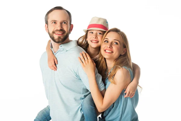 Feliz familia sonriente abrazo aislado en blanco - foto de stock