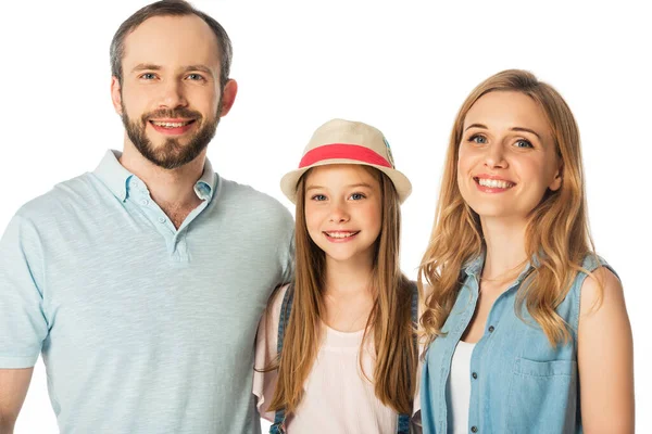 Glücklich lächelnde Familie blickt isoliert auf weiße Kamera — Stockfoto