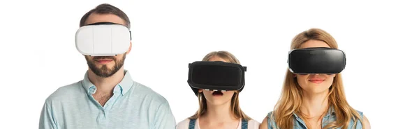 Emotional family in vr headsets isolated on white, panoramic shot — Stock Photo