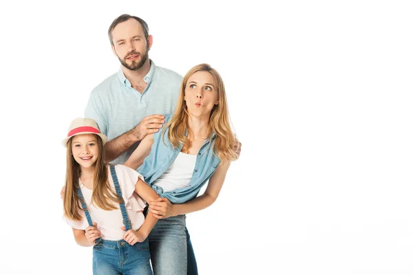 Jovem família engraçada isolado no branco — Fotografia de Stock