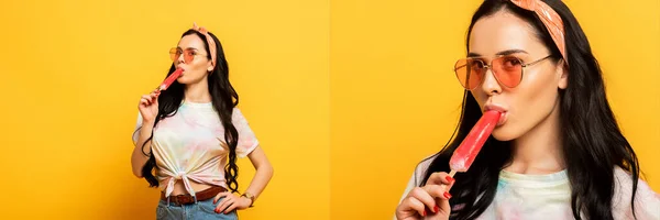 Collage de elegante chica morena de verano comiendo helado sobre fondo amarillo, plano panorámico - foto de stock