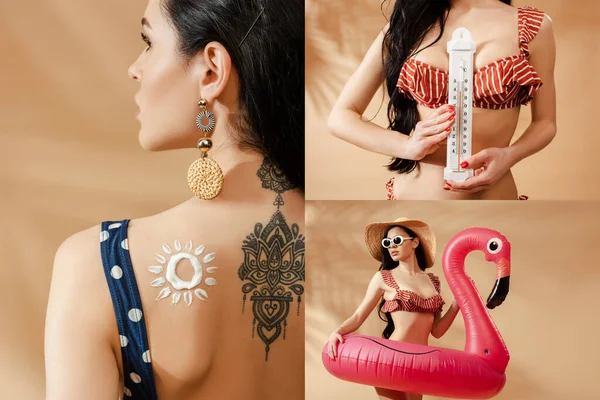 Collage einer sexy tätowierten brünetten Frau im gestreiften Badeanzug mit aufblasbarem Flamingo und Thermometer auf beigem Hintergrund — Stockfoto