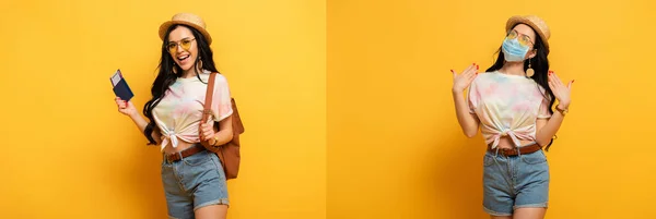 Colagem de menina morena feliz em roupa de verão e máscara médica com saco e cartão de embarque no fundo amarelo — Fotografia de Stock