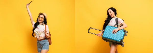 Collage of happy brunette girl with suitcase and backpack on yellow background — Stock Photo