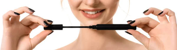 Cropped view of smiling naked beautiful woman with makeup and black nails holding mascara isolated on white, panoramic shot — Stock Photo