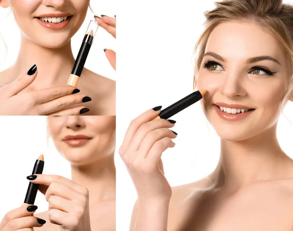 Collage of smiling naked beautiful blonde woman with makeup and black nails applying stick concealer isolated on white — Stock Photo