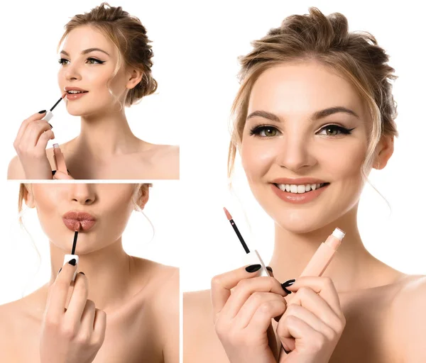 Collage of smiling naked beautiful blonde woman with makeup and black nails applying beige lip gloss isolated on white — Stock Photo