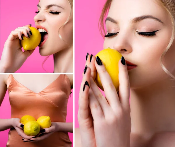 Collage de elegante hermosa mujer rubia con limones maduros aislados en rosa - foto de stock