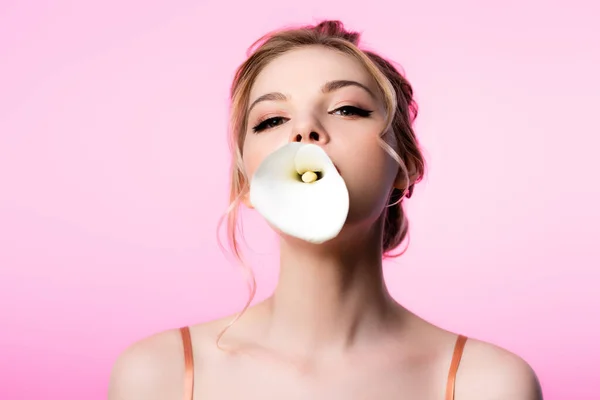 Beautiful blonde woman holding calla flower in mouth isolated on pink — Stock Photo