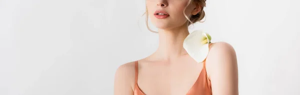 Cropped view of elegant beautiful blonde woman holding calla flower on shoulder isolated on white, panoramic shot — Stock Photo