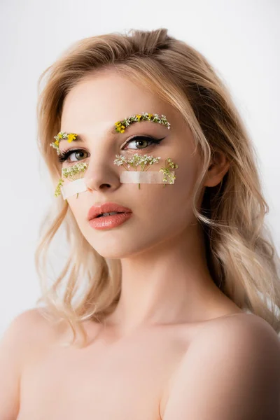 Гола красива блондинка з дикими квітами під очима ізольована на білому — стокове фото