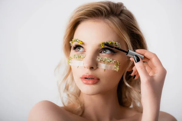 Naked beautiful blonde woman styling wildflowers on eyebrows with brow gel isolated on white — Stock Photo