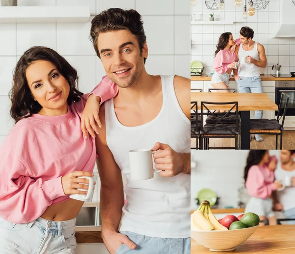 Collage di coppia sorridente che tiene tazze di caffè e abbraccia in cucina — Foto stock