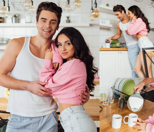Colagem de casal sorrindo abraçando e fazendo chá na cozinha — Fotografia de Stock