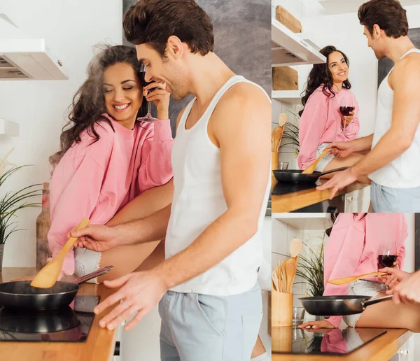 Colagem de mulher sorridente com copo de vinho olhando para o namorado cozinhar na cozinha — Fotografia de Stock