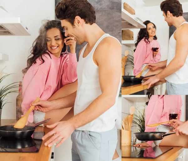 Collage einer lächelnden Frau mit einem Glas Wein, die ihren Freund beim Kochen in der Küche beobachtet — Stockfoto