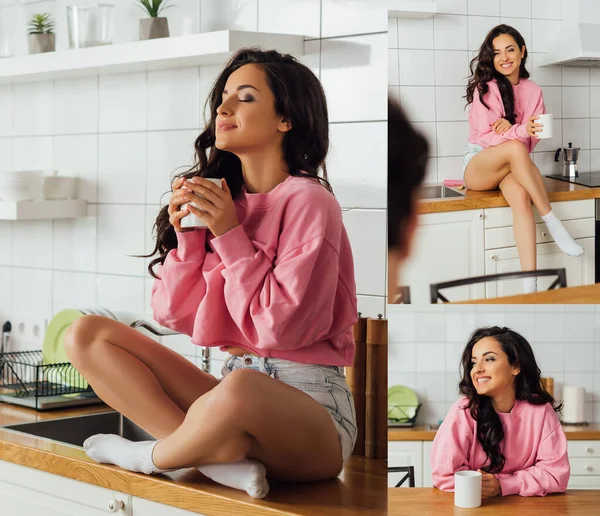 Collage de hermosa mujer sosteniendo la taza de café en la cocina - foto de stock